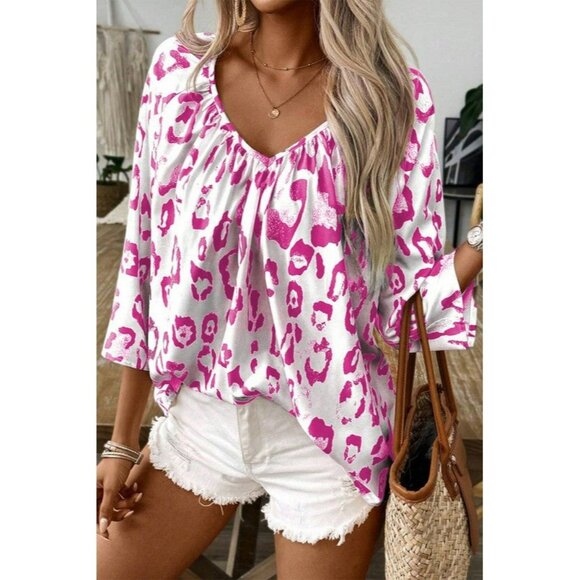 Leopard Print Ruched V Neck 3/4 Sleeve Blouse - Picture 1 of 8